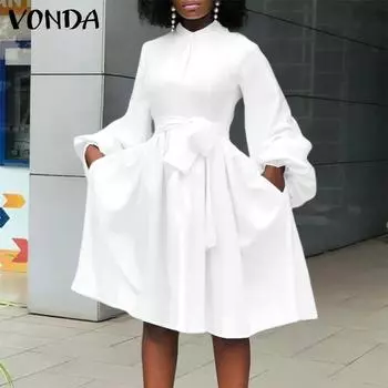 VONDA Женские модные платья больших размеров с однотонным воротником-стойкой и карманами с длинным рукавом S чёрный