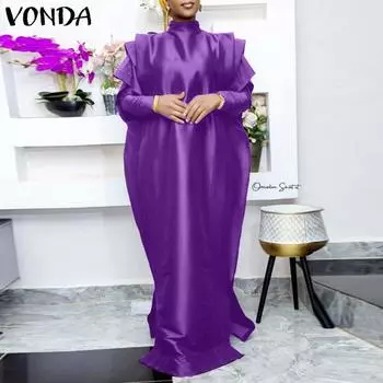 VONDA Women Plus Size Stand Collar Layered Long Sleeve Solid Color Satin Dresses 4XL фиолетовый