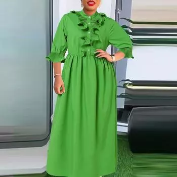 VONDA Women Plus Size Stand Collar Ruffled Mid Sleeve Solid Color Dresses S зелёный
