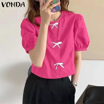 VONDA Women Puff Sleeve Back Button Casual Summer Short T-shirts S жёлтый