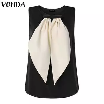 VONDA Women Round Neck Sleeveless Bow Knot Patchwork Strappy Casual Tanks M чёрный