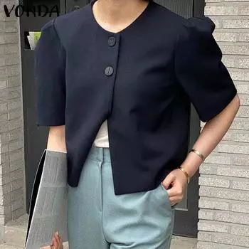 VONDA Женская летняя свободная куртка с круглым вырезом и короткими рукавами и пуговицами, сплошной цвет