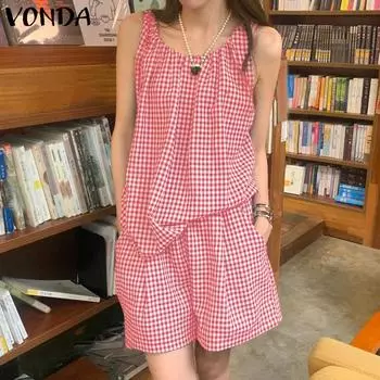 VONDA Women s Summer Round Neck Sleeveless Solid Color Loose Checkered Tops and Shorts Two-piece Set
