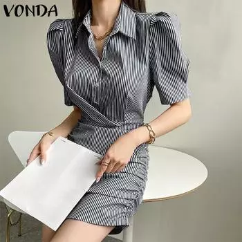VONDA Женское летнее платье с воротником-рубашкой и короткими рукавами и пуговицами, плиссированное однотонное свободное платье