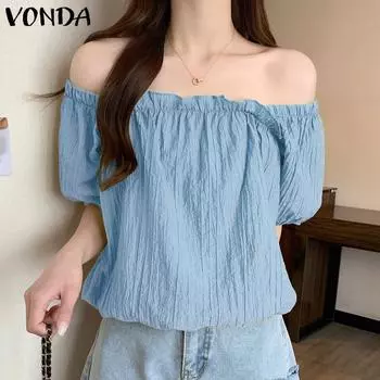 VONDA Women s Summer Square Neck Puff Short Sleeve Pleated Straight Solid Color Loose Blouse