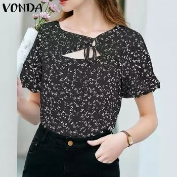 VONDA женский летний прямой свободный топ с квадратным вырезом и короткими рукавами и цветочным принтом