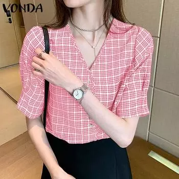 VONDA Women s Summer V-Neck Bubble Short Sleeve Button Solid Colour Loose Plaid Blouse