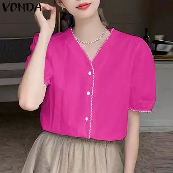 VONDA Women s Summer V-Neck Bubble Short Sleeve Ribbon Solid Colour Loose Blouse