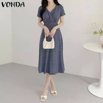 VONDA Женское летнее свободное клетчатое длинное платье с v-образным вырезом и короткими рукавами и завязками на талии