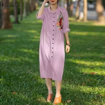 VONDA Women Shirt Collar Long Sleeve Button Floral Printed Loose Dress