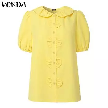 VONDA Women Short Puff Sleeve Side Buttons Up Ruffled Solid Casual Blouse S