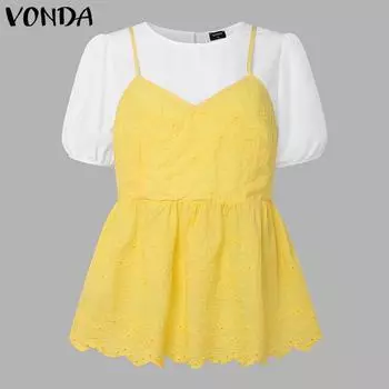 VONDA Women Short Sleeve Front Crochet Patchwork Fake Two Pieces Blouse S