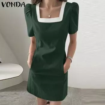 VONDA Women Square Collar Short Sleeve Stitching Pocket Casual Thigh Length Dress S зелёный
