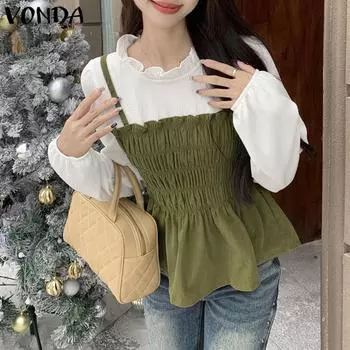 VONDA Women Stand Ruffled Neck Long Sleeve Patchwork Smocking Fake Two Pieces Blouse S чёрный