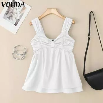 VONDA Women Strap Sleeveless Ruffled Back Elastic Casual Stretch Tank Tops S