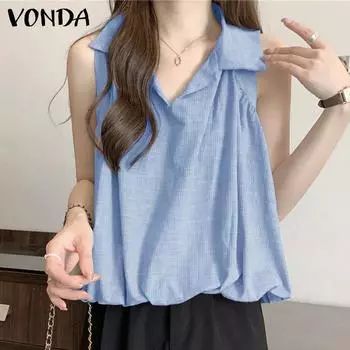 VONDA Women Summer Casual Lapel Sleeveless Solid Color Loose Blouses