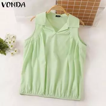 VONDA женские летние повседневные однотонные свободные блузки без рукавов с лацканами 2XL зелёный