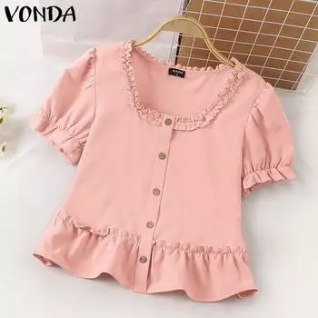 VONDA женская летняя повседневная Свободная блузка с круглым вырезом и коротким рукавом 4XL розовый