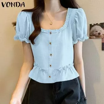 VONDA женская летняя повседневная Свободная блузка с круглым вырезом и коротким рукавом M бежевый