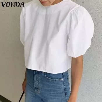VONDA Женские летние повседневные блузки свободного покроя с круглым вырезом и коротким рукавом S белый