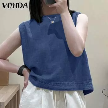 VONDA Женские летние повседневные свободные майки с круглым вырезом без рукавов однотонные 4XL синий