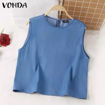 VONDA Женские летние повседневные свободные майки с круглым вырезом без рукавов однотонные 4XL синий