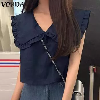 VONDA Женская летняя повседневная однотонная свободная блузка с оборками и V-образным вырезом без рукавов 5XL оранжевый