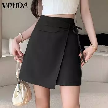 VONDA Женская летняя повседневная однотонная свободная юбка с завязками и разрезами S розовый