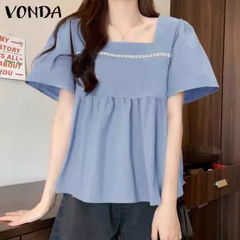 VONDA Женская летняя повседневная свободная блузка с квадратным вырезом и короткими рукавами M коричневый