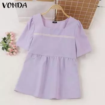 VONDA Women Summer Casual Square Neck Ribbon Puff Short Sleeve Solid Color Loose Blouse