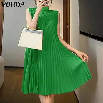 VONDA Women Summer Casual Stand Collar Sleeveless Pleated Solid Color Loose Dress