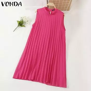 VONDA Women Summer Casual Stand Collar Sleeveless Pleated Solid Color Loose Dress