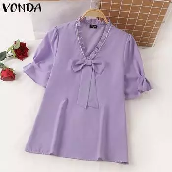 VONDA Женская летняя повседневная свободная блузка с v-образным вырезом и бисером, однотонная однотонная блузка с коротким рукавом S фиолетовый