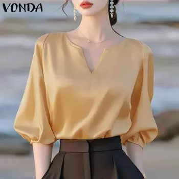 VONDA Женские летние повседневные однотонные блузки с V-образным вырезом и рукавом средней длины 4XL хаки