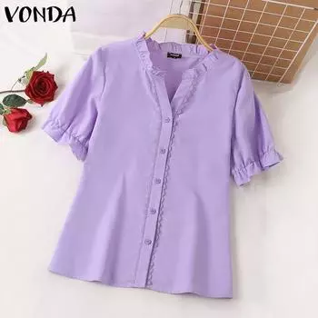 VONDA женская летняя повседневная однотонная свободная блузка с v-образным вырезом и короткими рукавами 4XL фиолетовый