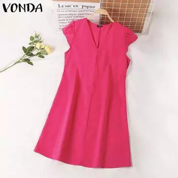 VONDA Women Summer Casual V-Neck Short Sleeve A Line Solid Colour Loose Dresses