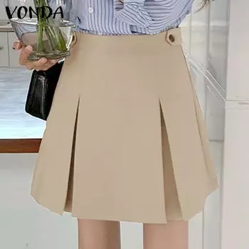 VONDA Women Summer Collect Waist Button Solid Colour Loose Pleated Half Skirt