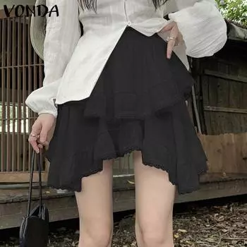 VONDA Women Summer Elastic Waist Layered Solid Color Lace Hem Skirts S чёрный