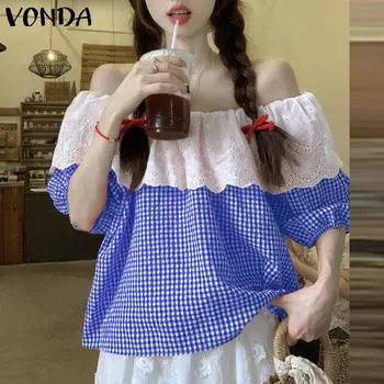 VONDA Women Summer Lace Contrast Off-Shoulder Plaid Short Sleeve Blouses S чёрный