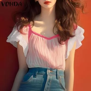 VONDA Women Summer Lace Hem Short Sleeve Stitching Striped Casual Blouse Tops S оранжевый