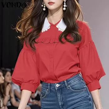 VONDA Women Summer Lace Lapel Short Sleeve Blouses S оранжевый