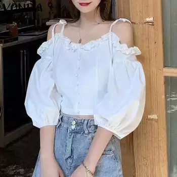 VONDA Женские летние кружевные блузки с открытыми плечами и средним рукавом 3XL белый