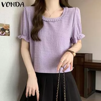 VONDA Женские летние кружевные блузки с круглым вырезом и короткими рукавами, однотонные 3XL фиолетовый