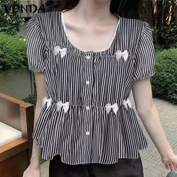 VONDA Women Summer Lace Round Neck Striped Short Sleeve Blouses S чёрный