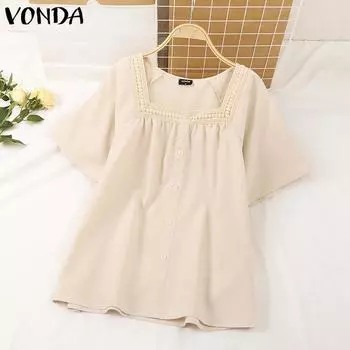 VONDA Women Summer Lace Square Neck Puff Short Sleeve Solid Colour Loose Blouses