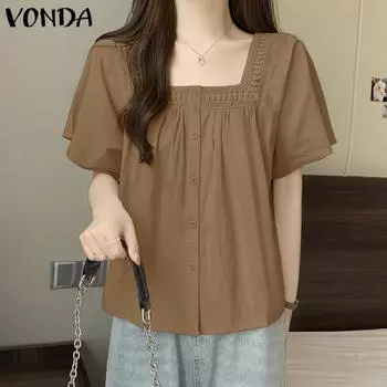 VONDA Women Summer Lace Square Neck Puff Short Sleeve Solid Colour Loose Blouses