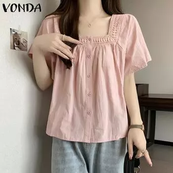 VONDA Women Summer Lace Square Neck Puff Short Sleeve Blouses S розовый
