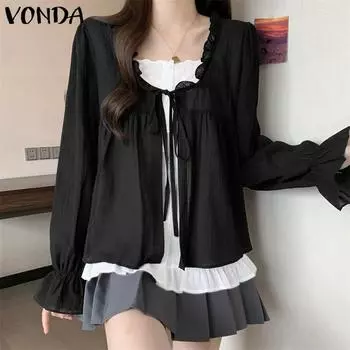 VONDA Женские летние кружевные блузки с V-образным вырезом и длинными рукавами с завязками S розовый