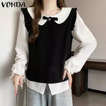 VONDA Women Summer Lapel Fake Two-Piece Long Sleeve Contrast Color Blouses M чёрный