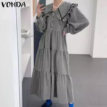 VONDA Women Summer Lapel Layered Long Sleeve Dresses S синий